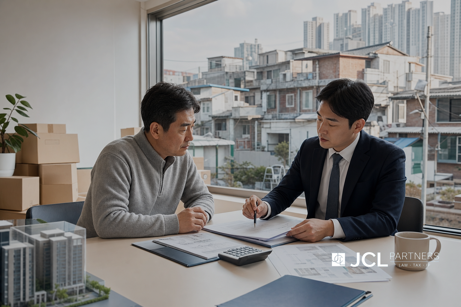 재개발 조합원이 이주비 대출 조건과 임시 거처 계획을 상담하는 모습